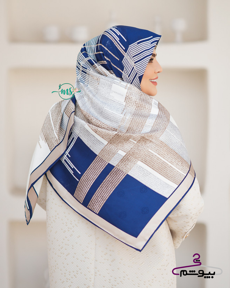 روسری ابریشم ژاکارد اکر طرح خطی رنگ سرمه ای